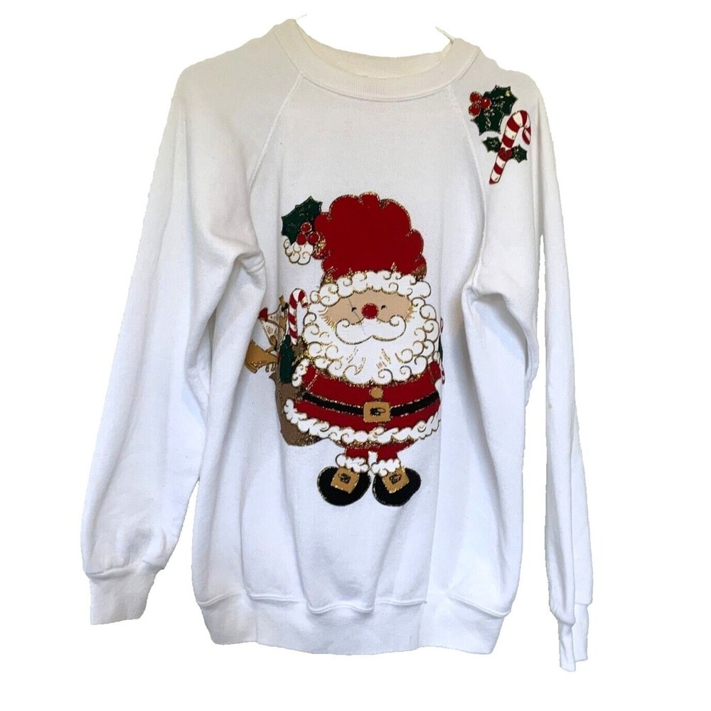Vintage 90s Custom Made Santa Candy Cane Sweatshirt White XL Holiday Made in USA